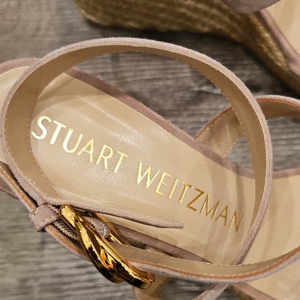 [NEW] Stuart Weitzman Beige Pink Espadrille Wedge Heeled Sandals Zuzu Buckle - Picture 5 of 10